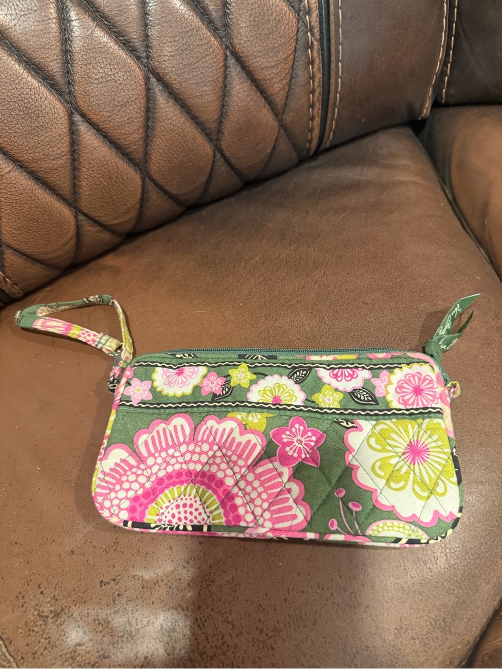 Vera Bradley Green Floral Quilted Wristlet with Pink & Lime Accents